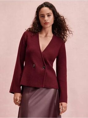 LOFT Ribbed Double Button Sweater Jacket Wool Blend in Burgundy - Size XL